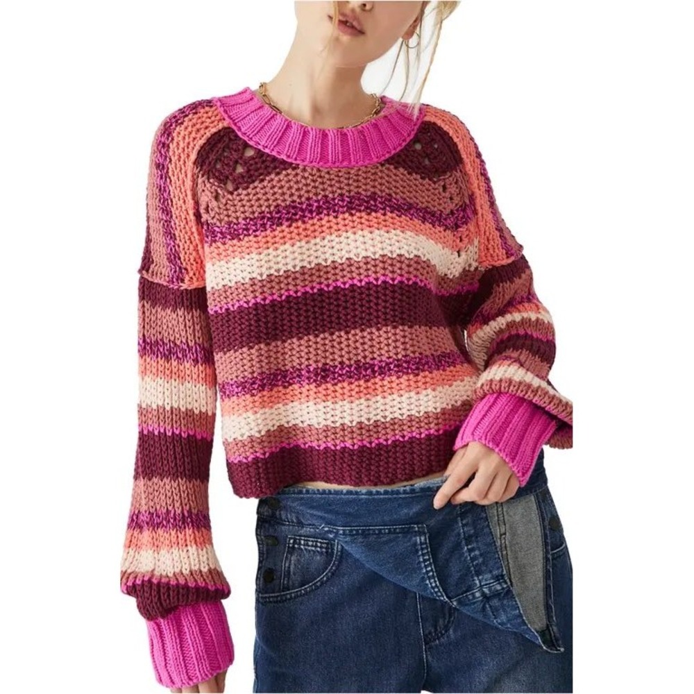 Free People Devon Sweater Striped Chunky Knit Crop L Boho Eclectic Retro Autumn